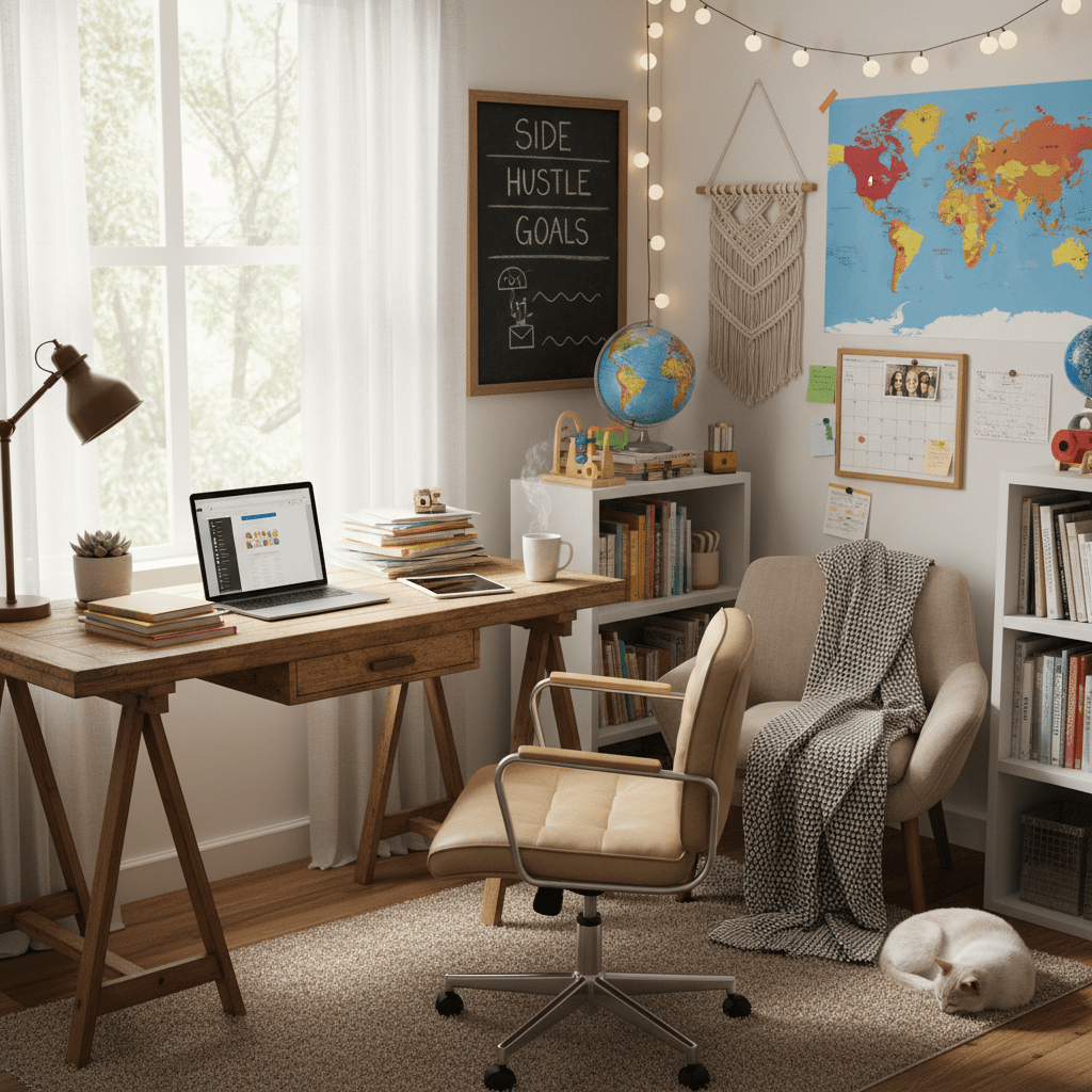 A cozy home office featuring a desk, laptop, and chalkboard reading SIDE HUSTLE GOALS.