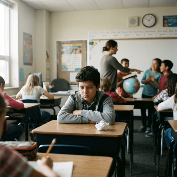 Sad boy sitting alone at desk in classroom while teacher talks to other students