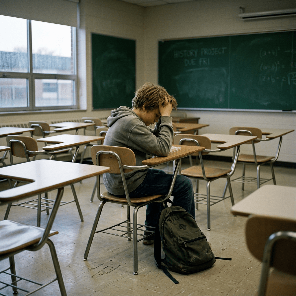 Student sitting at desk in empty classroom holding head looking stressed