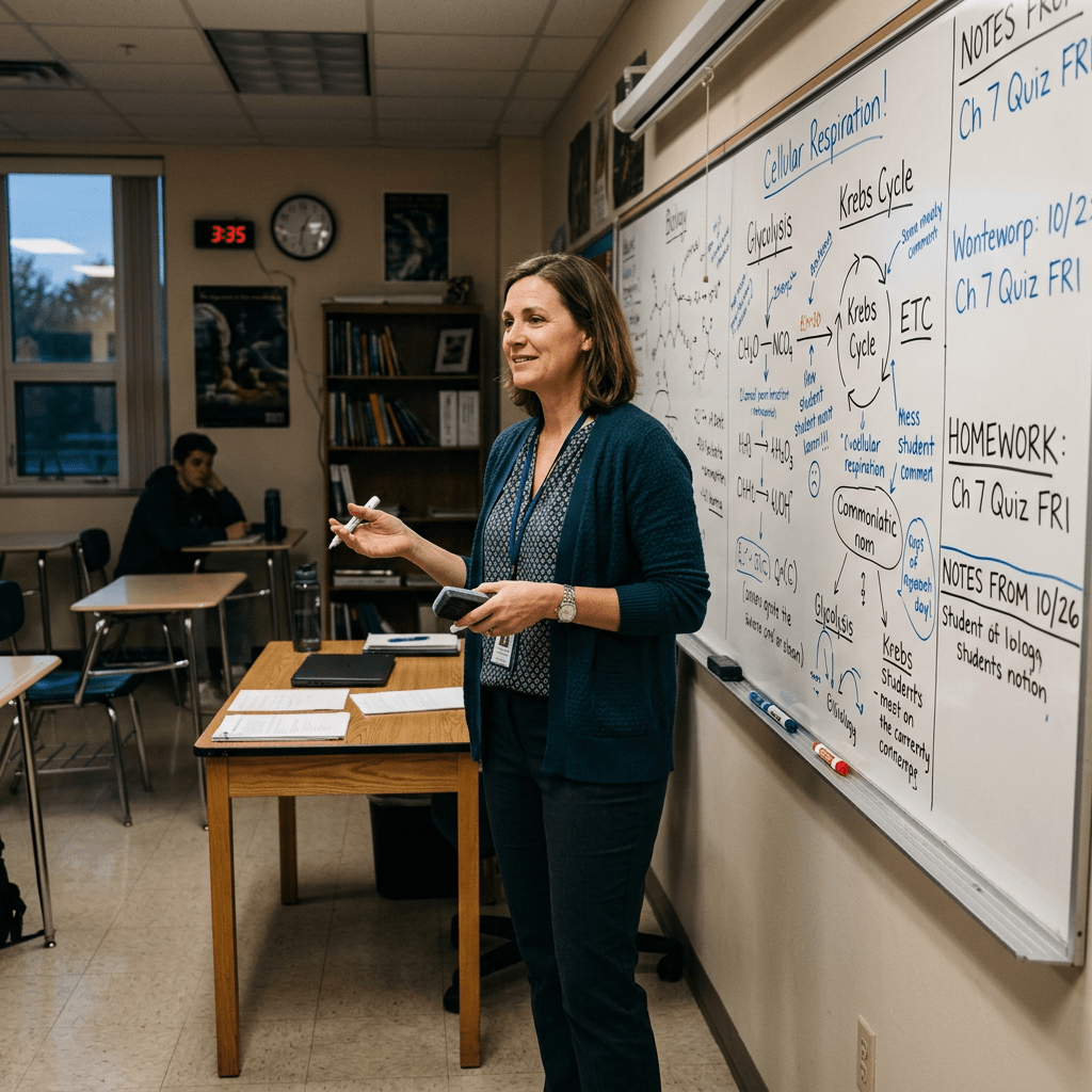 Teacher standing by whiteboard explaining cellular respiration and Krebs cycle