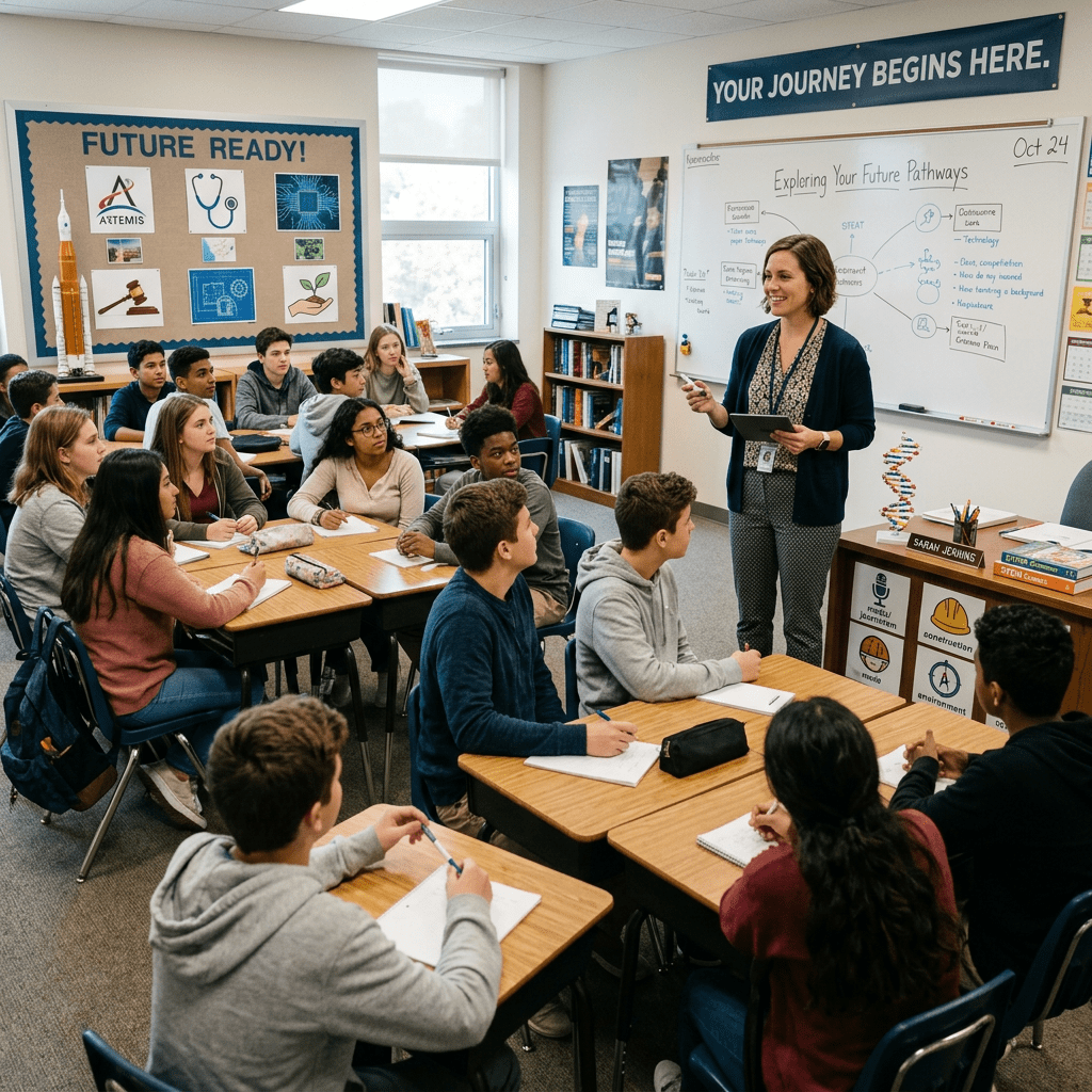 Teacher classroom with subtle future career symbols
